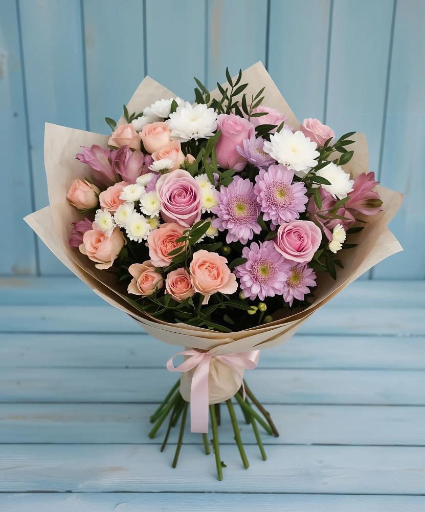 Букет цветов из: Хризантемы, Розы и Альстромерии в Красном Яре Омской области