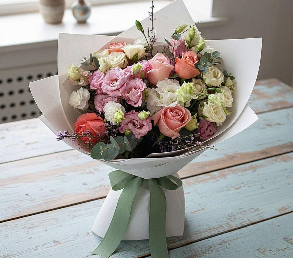 Букет цветов из: Розы, Лизиантусы и Гвоздики в Красном Яре Омской области