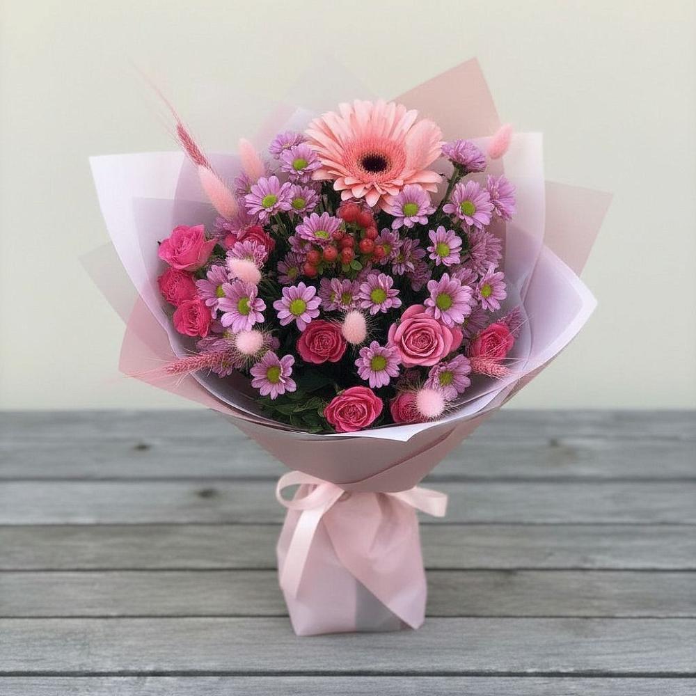 Букет цветов из: Розы, Герберы и Хризантемы в Красном Яре Омской области
