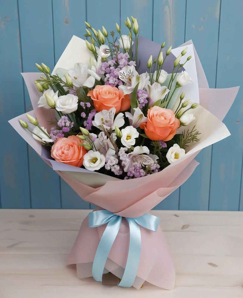 Букет цветов из: Лизиантусы, Розы, Альстромерии и Гипсофила в Красном Яре Омской области