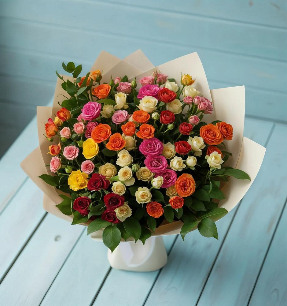 Букет Микс из разноцветных кустовых роз в Красном Яре Омской области