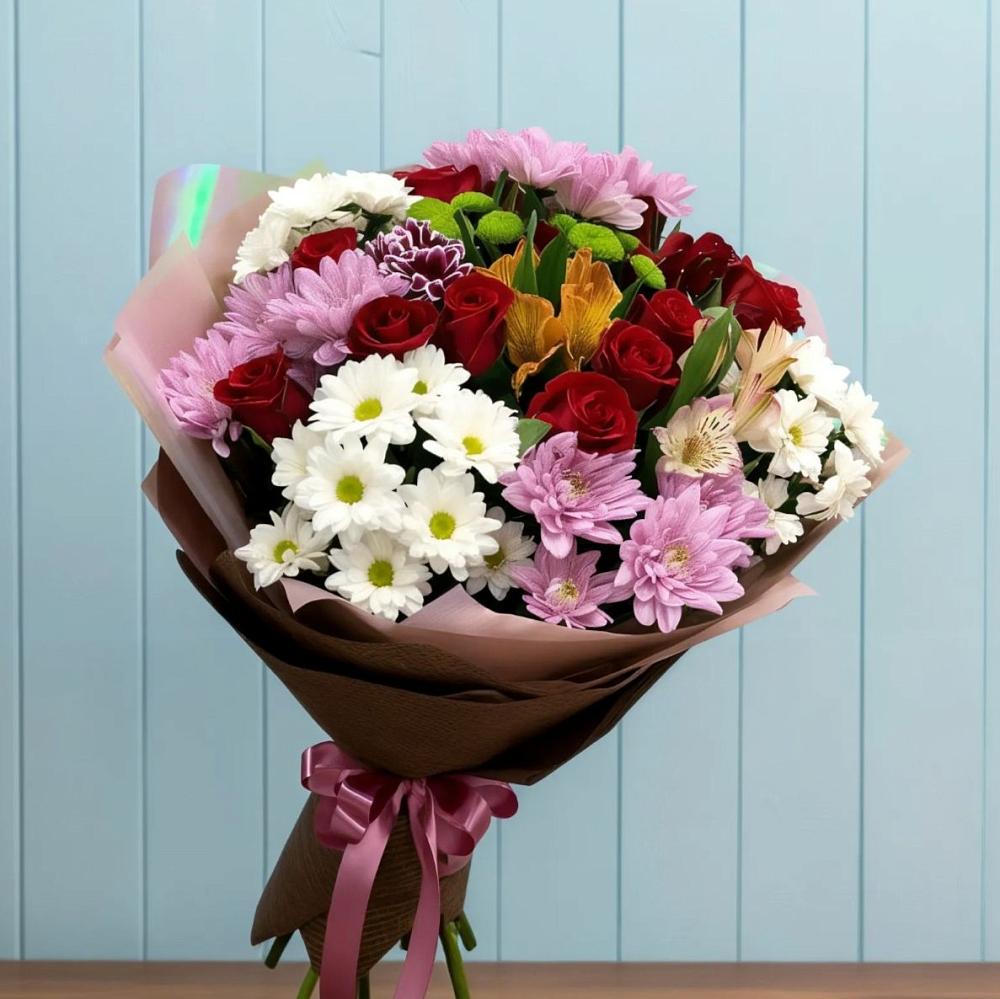 Букет цветов из: Розы, Хризантемы и Альстромерии в Красном Яре Омской области