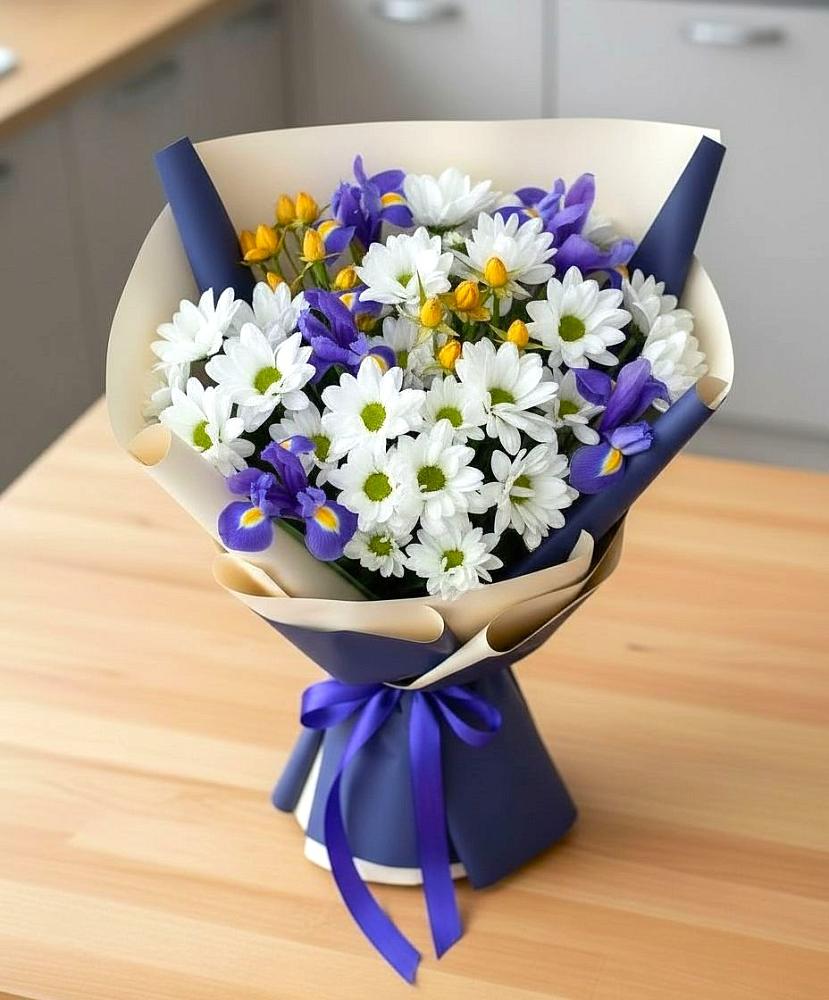 Букет цветов из: Розы, Ирисы и Хризантемы в Красном Яре Омской области