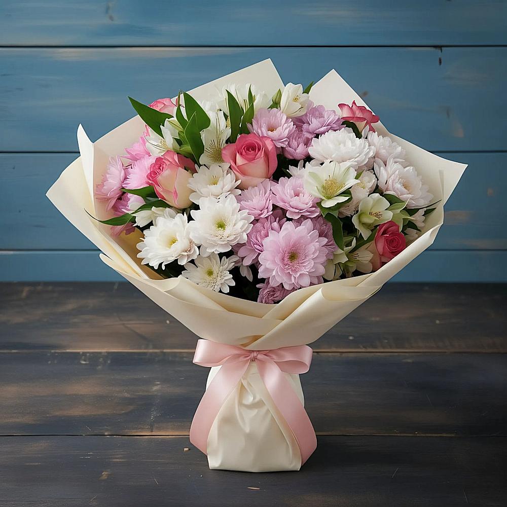 Букет цветов из: Хризантемы, Альстромерии и Розы в Красном Яре Омской области